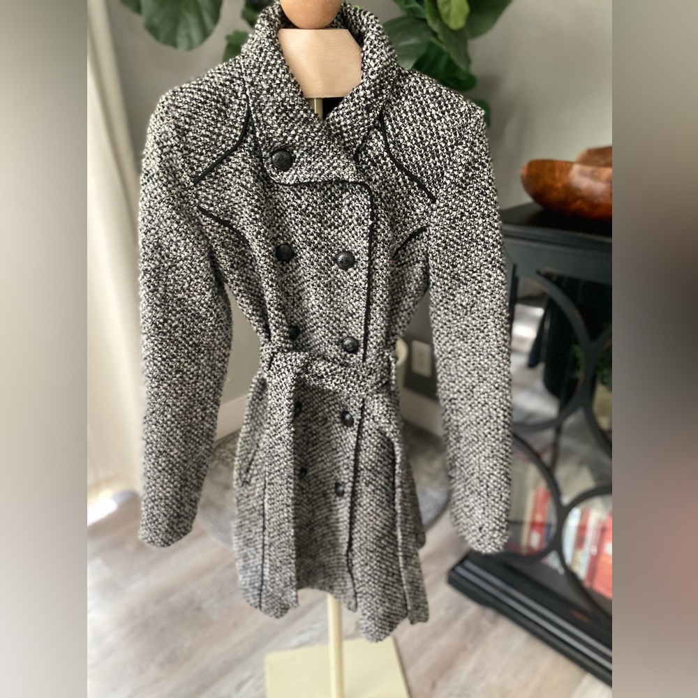 Guess Black & White Tweed Double-Breasted Pea Coat with Belt